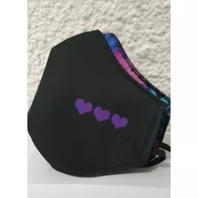 Barbijo Negro Con Corazones Violetas Para Mujeres O Chicas