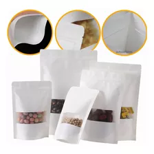 100 Bolsas Blanco Stand Up Pouch Kraft Con Ventana Para 100g