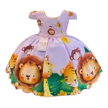 Vestido Safari Infantil Bebê Rosa Festa Menina 1 Ao 3 Ano