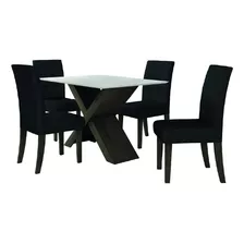 Conjunto De Mesa Off White Dubai 1,35m Mdf Com 4 Cadeiras Cor Castanho/preto