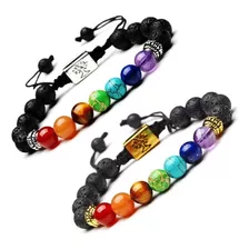 Brazalete Pulsera Piedra De Lava 7 Chakras Árbol Bodhi Tree Color Dorado Diámetro 17 Cm