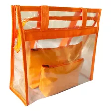 Bolsa Transparente Grande De Praia Com Necessaires De Brinde Acambamento Dos Ferragens Níquel Cor Laranja Cor Da Correia De Ombro Cor Da Bolsa Desenho Do Tecido Liso