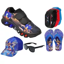 Tênis Led Infantil Sonic Velcro+ Boné Chinelo Relógio Óculos