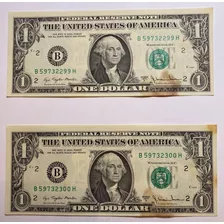 2 Antigas Cédulas 1 Dólar 1977 Letra A Seguidas Fe Manchas 