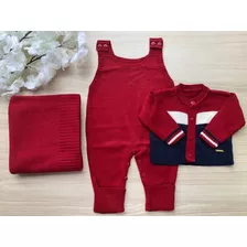 Kit Maternidade Menino Enxoval Bebê Tricot 3 Peças Vermelha