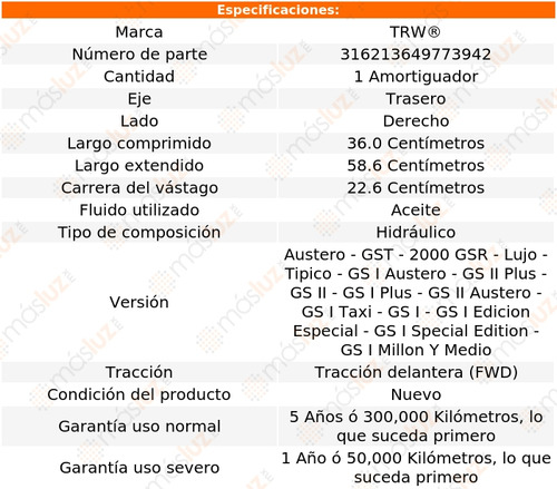 1- Amortiguador Hidrulico Trasero Der Tsuru Fwd 92/17 Trw Foto 2