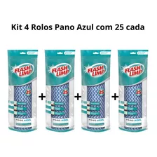 Kit 4 Rolo Com 25 Panos Azuis Multiuso Limpeza Flash Limp