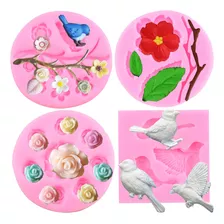 4pcs Molde Silicon Pájaro Rama De Árbol Flor De Rosa Fondant