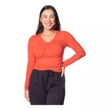 Blusa Feminina Cativa Canelada Com Botões Laranja