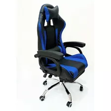 Silla De Escritorio Ideon Sg03 Gamer Ergonómica Negra Y Azul Con Tapizado De Cuero Sintético