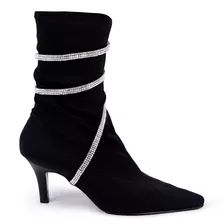 Bota Feminina Tipo Meia Espiral Strass Brilhante Salto Fino