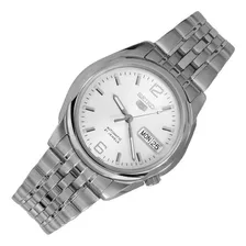 Relógio Masculino Seiko 5 Automático Cor Da Correia Prateado Cor Do Bisel Prateado Cor Do Fundo Branco