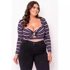 Cropped Plus Size Manga Longa Listrado