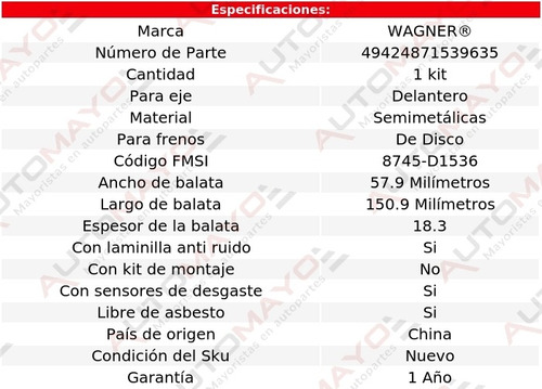 Juego Balatas Semimetalicas Del Stilo L 5 2.4l 07 Wagner Foto 2