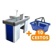 Caixa Empacotador Check-out 1,5m + 10 Cestos De Compras Azul