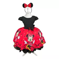 Vestido Temático Minnie Vermelha Acomp Tiara Brinde + Saiote