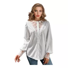 Blusa De Manga Larga Con Encaje Elegante Casual Para Mujer