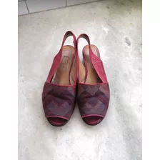 Sandalias Prego Rojas Cuero Y Telar. Nro 35. Taco Chino 3 Cm