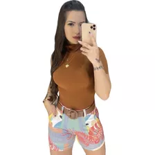 Short Feminino Cintura Alta Curto Com Cinto 