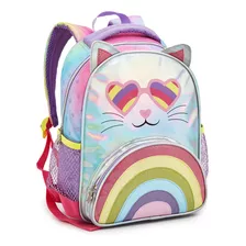 Mochila Bolsa Escolar Infantil Menina Gatinha Arco-íris Love