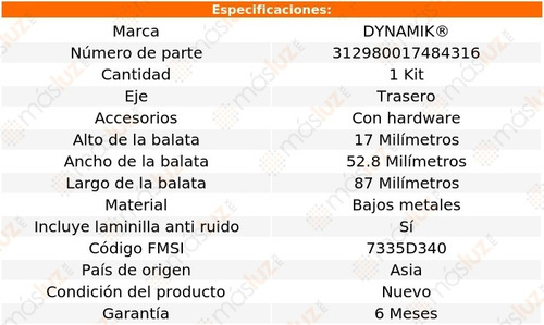 Balatas Bajos Metales Tra 307 L4 2.0l 03/10 Dynamik Foto 3