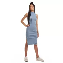 Vestido Midi Brohood Gola Alta Canelado Azul