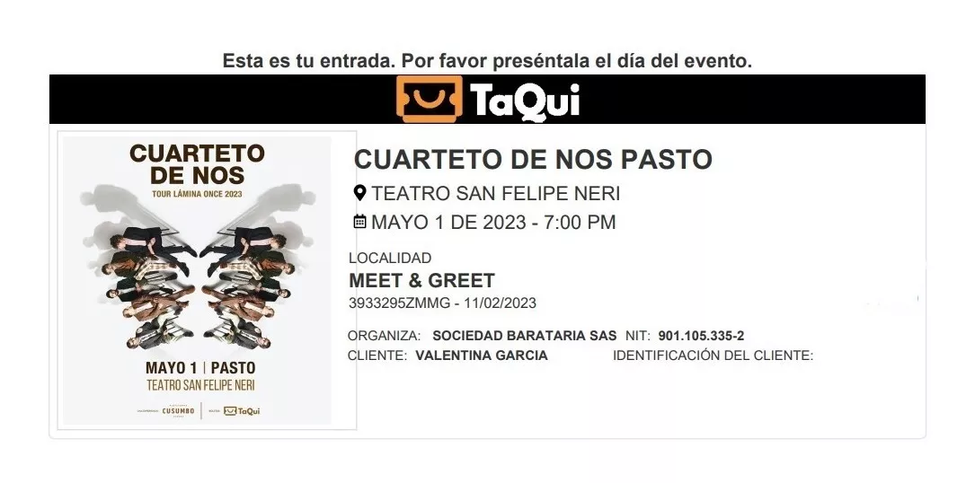 2 Boletas Meet And Greet Con Cuarteto De Nos, Pasto - 1 Mayo