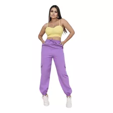 Calça Cargo Jogger Feminina Cintura Alta Bolso Cós Alto Moda