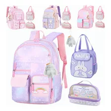 Set 3 Mochila Escolar Impermeable Con Lonchera Y Lapicera Para Niñas Primaria