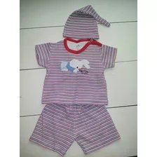 Conjunto Bebé: Remera, Short Y Gorro Algodón Rayados Talle 3