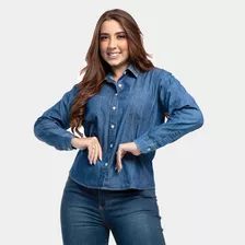 Blusa Jeans Feminina Manga Longa Slim Com Elastano Bamborra