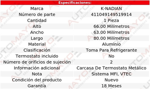 Toma Agua Aluminio 2 Pernos K-nadian Oasis L4 2.3l 98-99 Foto 2