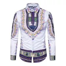 Camisa De Hombre Con Estampado 3d Dashiki Con Solapa, Manga