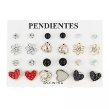 Set 12 Aretes Fantasía Corazones Y Perlas Mujer O Niña