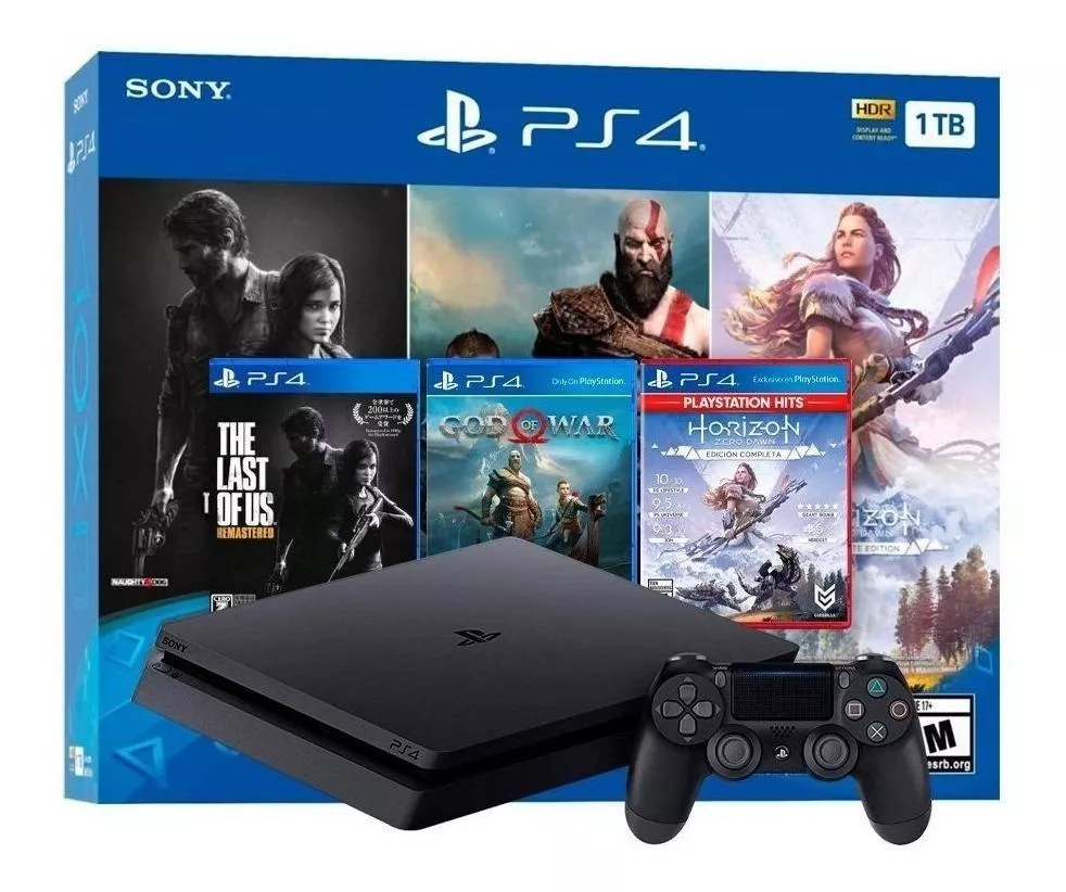 Sony Playstation 4 Slim 1tb Mega Pack: The Last Of Us Remastered/god Of War/horizon Zero Dawn Complete Edition Cor Preto Onyx