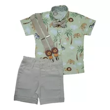 Conjunto Roupas De Bebe Menino Camisa Social Infantil Safari Verde Com Gravata Infantil E Suspensorio