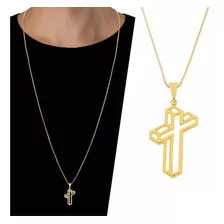 Colar Crucifixo Vazado Masculino Cordão Banhado A Ouro 18k