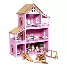 Casa Casinha De Boneca Mdf 36 Móveis Parquinho Montada