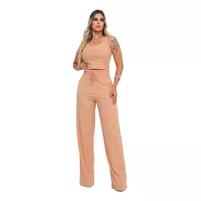 Conjunto Pantalona E Cropped Regata Wide Leg Canelado Oferta