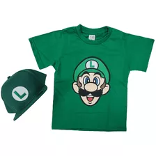 Camiseta Manga Curta Verde Luigi Com Boné Infantil Menino