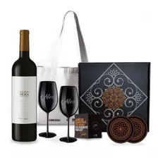 Box Set Vino Alma Mora Malbec 2 Copas Negras Grabadas Kit