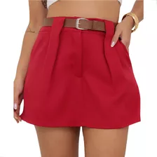 Short Saia Feminino Com Cinto E Bolsos Alfaiataria Moda