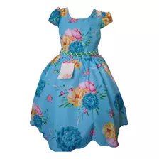 Vestido Infantil Azul Princesas Floral Roupas Bebe Menina 