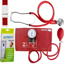 Kit Acadêmico Esfigmo Vermelho + Esteto + Garrote Termômetro