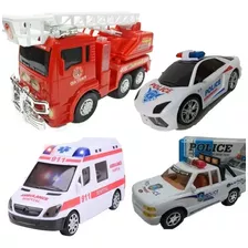 Kit4 Carro Bombeiro Policial 3d Pick-up Ambulância C/som Luz