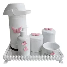 Kit Higiene Bebê Porcelana Pote Térmica K023 Borboleta Rosa