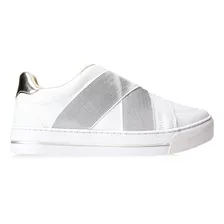 Tênis Feminino Flatform Elástico Cruzado Brilhante Ramarim Cor Branco/prata-01 Desenho Do Tecido Liso Tamanho 37 Br