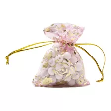 Bolsas Organza 7x9 Cms Rosada Con Flores Doradas Paq 100 Und