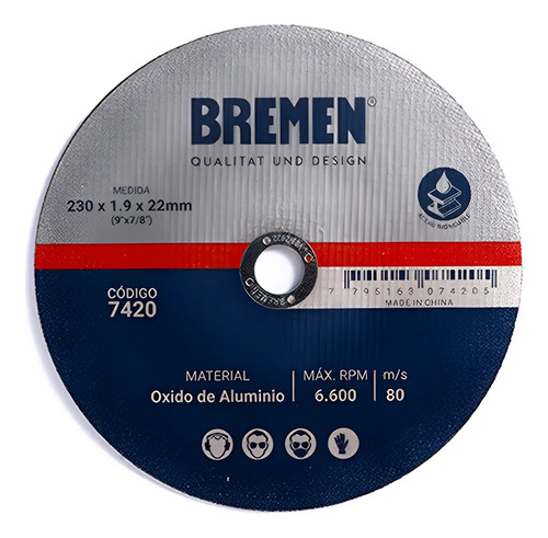 Bremen 7420 Disco Corte Amoladora Metal 230 X 1.9mm Caja 10u