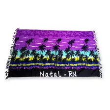 Canga De Poliéster Estampada Coqueiros Natal- Rn Cor Roxo, Azul Claro E Amarelo Tamanho U